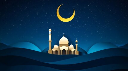 Mosque shining under the crescent moon in the night sky
