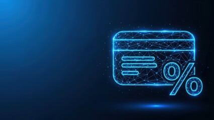 Digital credit card icon glowing with blue neon lines on a dark abstract background representing payment and finance technology