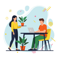 Woman serving coffee to man working on laptop in cafe