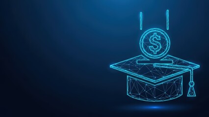 Digital illustration of a graduation cap with a dollar coin being deposited into it symbolizing education finance and investment
