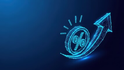 Digital percent sign shows financial growth and increase on a blue background with glowing lines