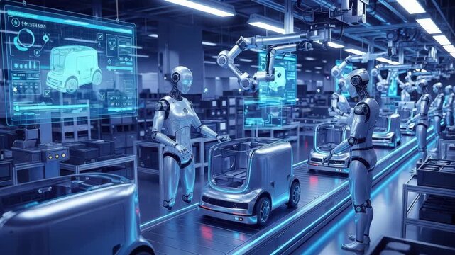 Futuristic Factory Assembly Line with Robots and Holographic Displays Showing Vehicle Design