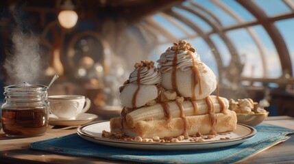 Delicious dessert featuring waffles, ice cream, caramel sauce, and nuts in a cozy cafe setting with warm lighting and steam