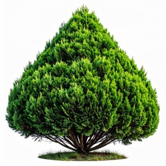 A lush, verdant evergreen tree, meticulously shaped and isolated on white