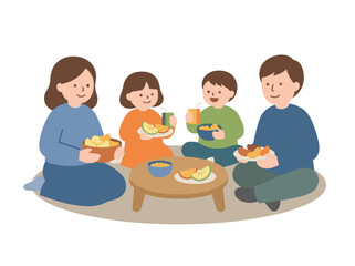 Happy Family Enjoying a Meal Together on the Floor.