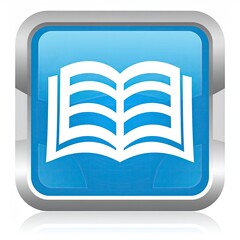 Square blue icon with open book outline and silver border, reflective base