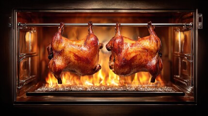 Naklejka premium Two Deliciously Roasted Chickens Cooking in a Modern Rotisserie Oven with Flames and Golden Skin