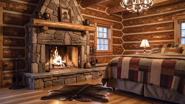 Rustic log cabin bedroom with a stone fireplace, crackling fire, quilted bed, and warmly lit lamps!!