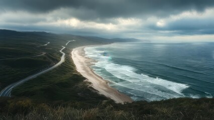 Coastal road winds along a dramatic beach under a stormy sky