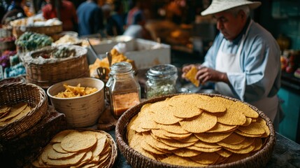Fototapeta premium Freshly Made Tortillas Displayed in a Rustic Market with a Vendor Preparing Them in a Bustling Environment