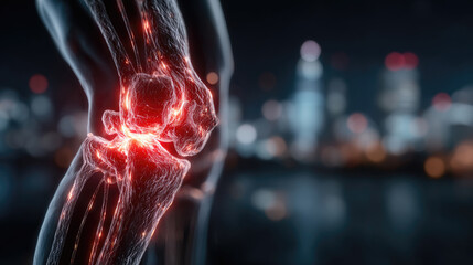 Human skeletal system rendering showing red glowing areas indicating inflammation and chronic pain in the (knee), ankle, and wrist joints, representing conditions like osteoporosis. Copy space