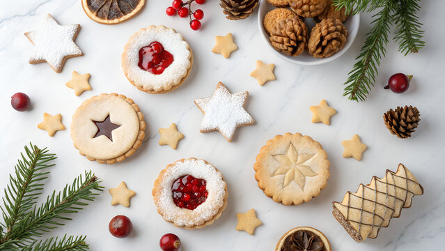 Decorative Christmas cookies arranged beautifully on a marble background with fresh pine branches.
- Powered by Adobe