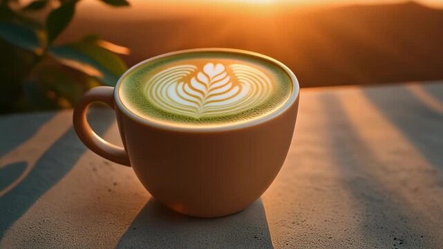 Golden Hour Matcha Latte with Beautiful Latte Art on Stone Surface