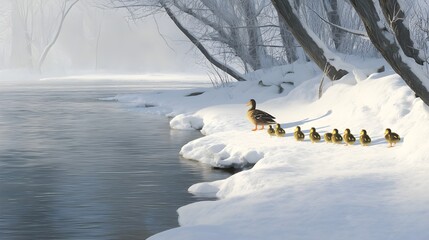 Duck Family Walking Along Snowy Riverbank