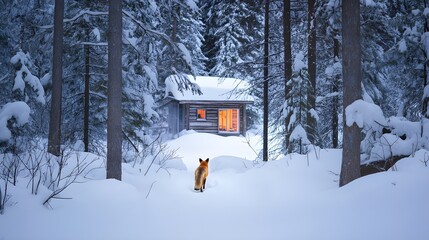 Fox Walking Toward Snowy Cabin