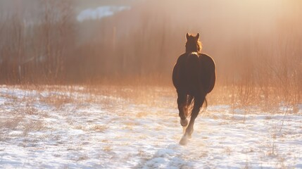 Horse Running Toward Golden Meadow