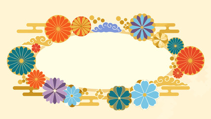 Colorful Floral Frame Design with Japanese Motifs