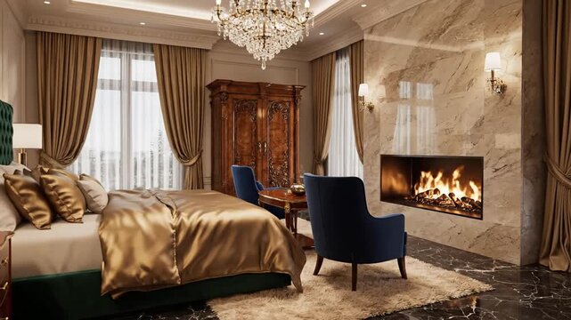 Luxurious hotel bedroom with satin gold bedding, heavy curtains, marble fireplace, blue chairs glow
