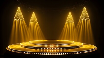 Golden illuminated stage with towering light installations