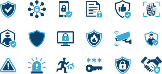 Collection of blue and teal security and protection icons on white background