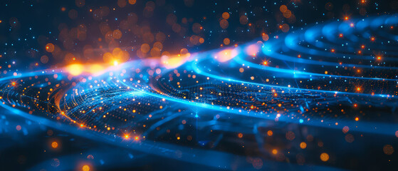 Vibrant abstract scene with glowing quantum data streams, blue and orange light trails, and dynamic digital patterns. Futuristic concept of energy, motion and technology.