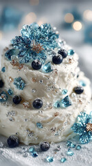 Three-tier white cake adorned with blue sugar flowers, crystal-like sugar shards and delicate gold sprinkles, photographed in cool airy light with shimmering bokeh for elegant celebration concept