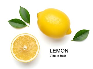 Fresh Yellow Lemon Fruit Whole and Sliced with Green Leaves on White Background.