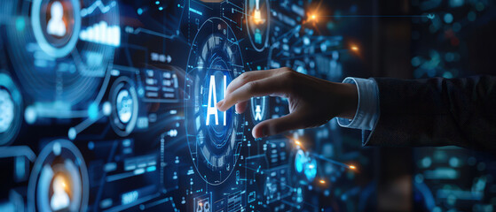 A businessman interacting with a futuristic digital interface, touching glowing holographic controls and advanced HUD elements in a high-tech virtual environment.