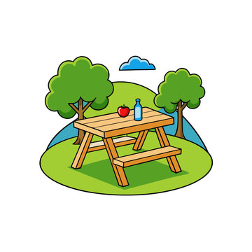 Picnic table with apple and bottle trees on transparent background