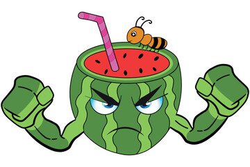 Angry Watermelon Character With Straw, Bee On Top, Powerful Cartoon Arms Mascot Humor Kids Summer Fun