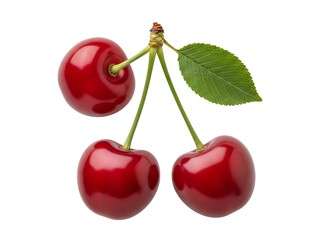 Fresh Cherry Trio with Leaf Isolated on White Background.