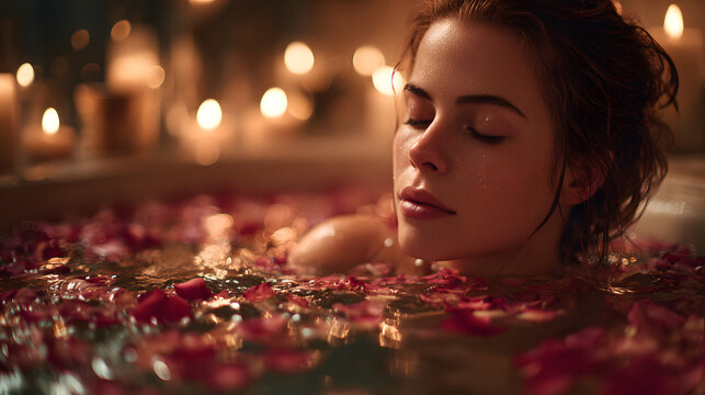 a solo celebration of Valentine's Day, with a focus on self-love and self-care, a woman in a relaxing bath in rose pedals and surrounded by candles