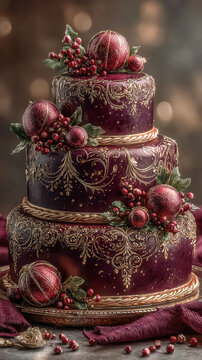 Three-tier deep burgundy cake decorated with ornate gold filigree, topped with red baubles, berry clusters and greenery, set against warm bokeh lights for festive luxury celebration concept