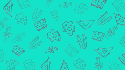 School supplies outlines on teal for educational, backtoschool, or stationery design projects featuring pencils, pens, rulers, and paperclips.