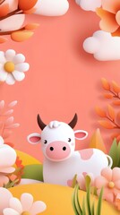 Vertical Eid Al Adha Greeting Card Featuring Cute Cow in Floral Landscape with Copy Space, Ideal for Social Media Post