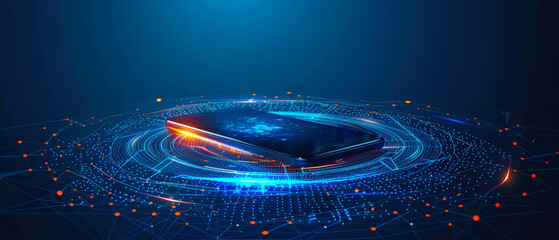 Futuristic smartphone on a glowing cyber network surface, surrounded by digital circuits, neon highlights and holographic data elements, symbolizing high-tech innovation, connectivity and technology.