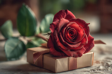 A single rose lying on a gift box, symbolizing self-love and indulgence on St Valentines day