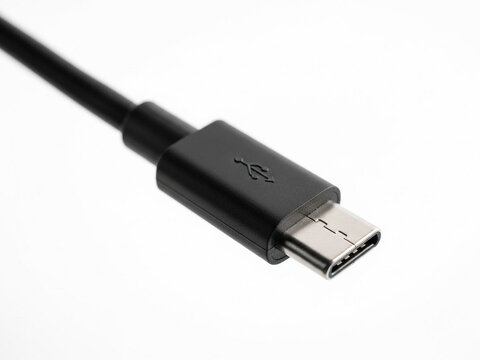 Black usb cable with a usbc connector isolated on white background