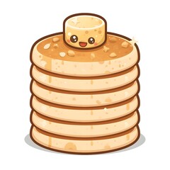 A cute cartoon stack of golden pancakes with a smiling pat of butter on top, drizzled with syrup, on a white background.