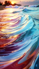 Ocean Wave at Golden Hour Refracting Sunlight with Teal and Orange Hues on a Sandy Beach