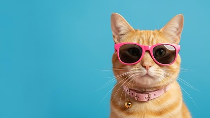 Cool orange tabby cat wearing pink sunglasses on blue background