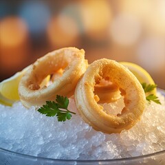 Crispy Golden Calamari Rings Served on Crushed Ice with Lemon Slices and Parsley Garnish Soft Bokeh Background Warm Lighting