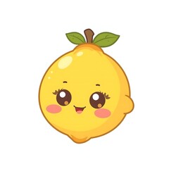Obraz premium A cute cartoon yellow lemon with a happy smiling face and rosy cheeks, featuring green leaves on its stem, isolated on a white background.