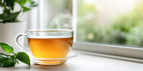 Clear glass cup filled with steaming hot herbal tea creating a sense of calm and natural comfort, placed on a white surface next to a green plant with a soft, bright background