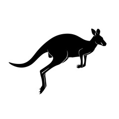 Fototapeta premium A black silhouette of a kangaroo in a jumping or hopping pose, isolated on a white background, depicting its powerful legs and tail.