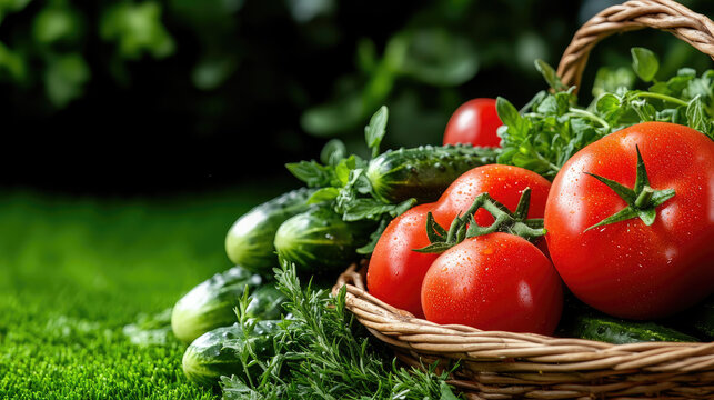 Fresh red tomatoes, green cucumbers and mixed herbs spill from a rustic wicker basket onto dew-kissed grass, showcasing homegrown organic abundance and vibrant freshness - Powered by Adobe