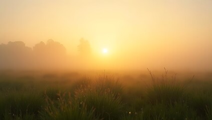 Fototapeta premium Golden Field at Sunrise — Morning Fog and Warm Cinematic Light