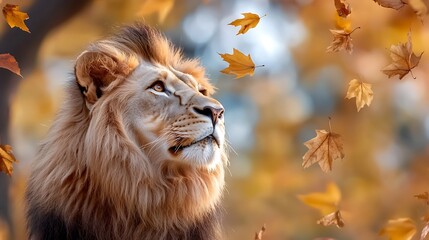 Majestic Lion Portrait in Autumn Ambience with Falling Golden Leaves Backdrop