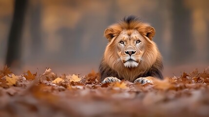 Majestic male lion resting calmly amidst a vibrant carpet of golden autumn leaves