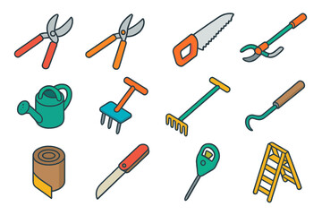 Obraz premium Tree Care Icons. Tree Care & Maintenance Tools isometric flat set: pruning shears, lopper, hand saw, pole pruner, watering can, soil aerator, mulch rake, root hook, tree wrap,